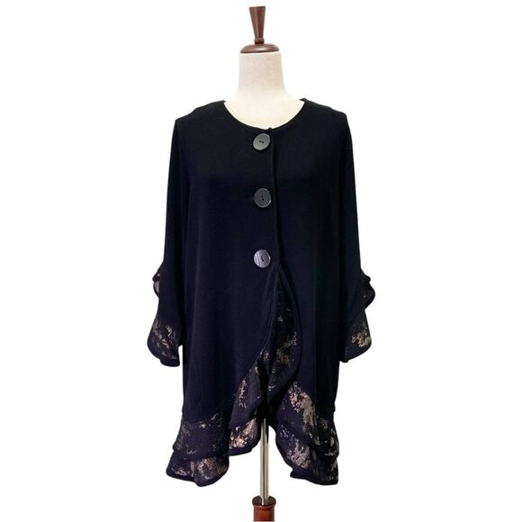 Vintage Ali Miles Lagenlook Ruffle Trim Black & Gold Jacket Topper Size Large - Picture 2 of 15